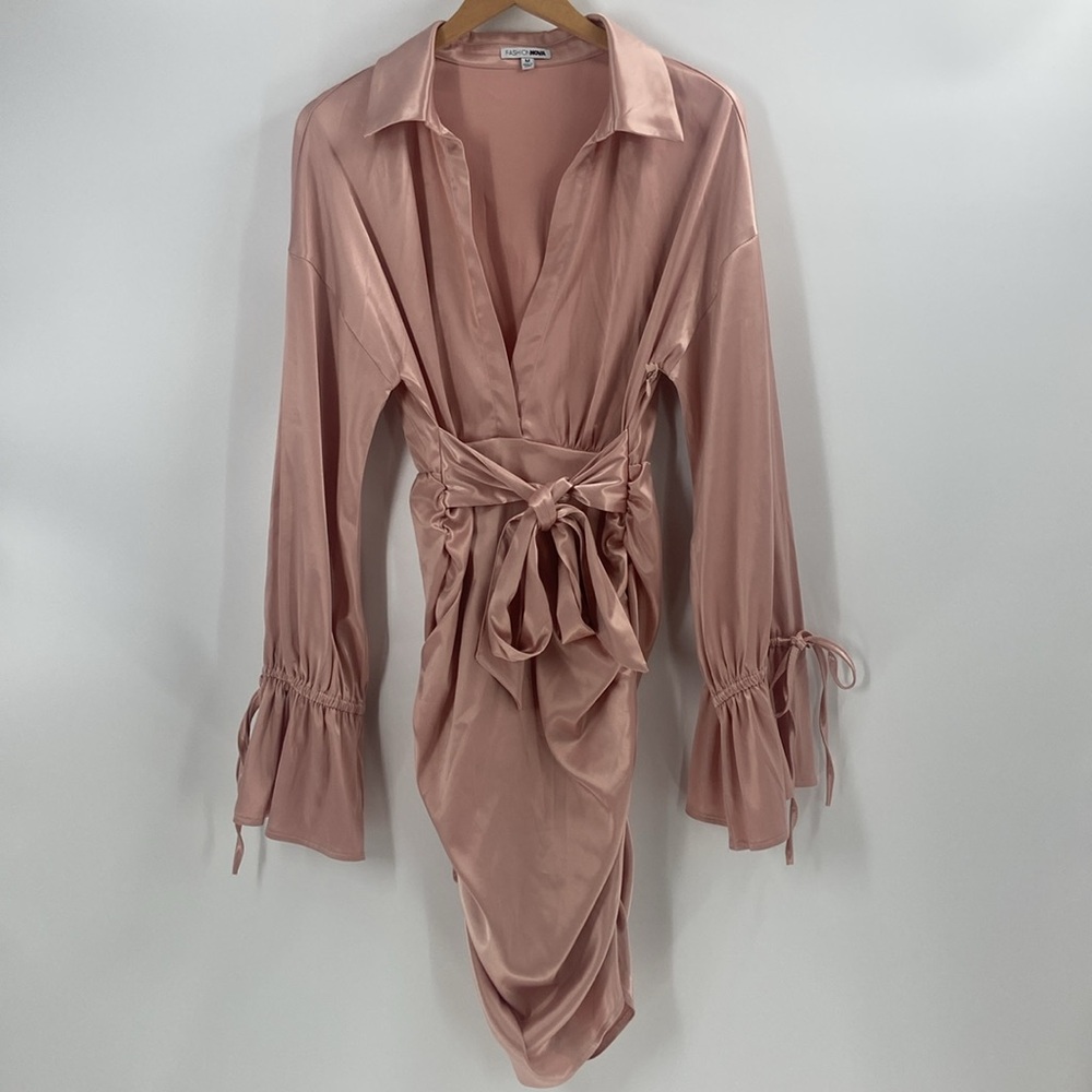 Fashion Nova blush nude satiny collared body con ruched bell sleeves dress
